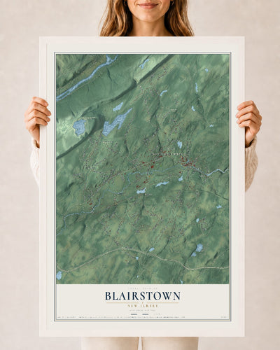 Blairstown, New Jersey map print, 24" x 36" W/ White Ayous Wood Frame mockup