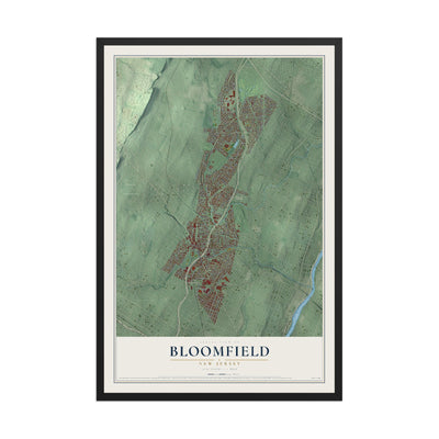 Bloomfield, New Jersey map print, 12" x 18" W/ Black Ayous Wood Frame mockup