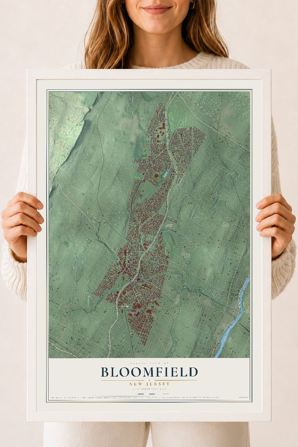 Bloomfield, New Jersey map print, 18" x 24" W/ White Ayous Wood Frame mockup