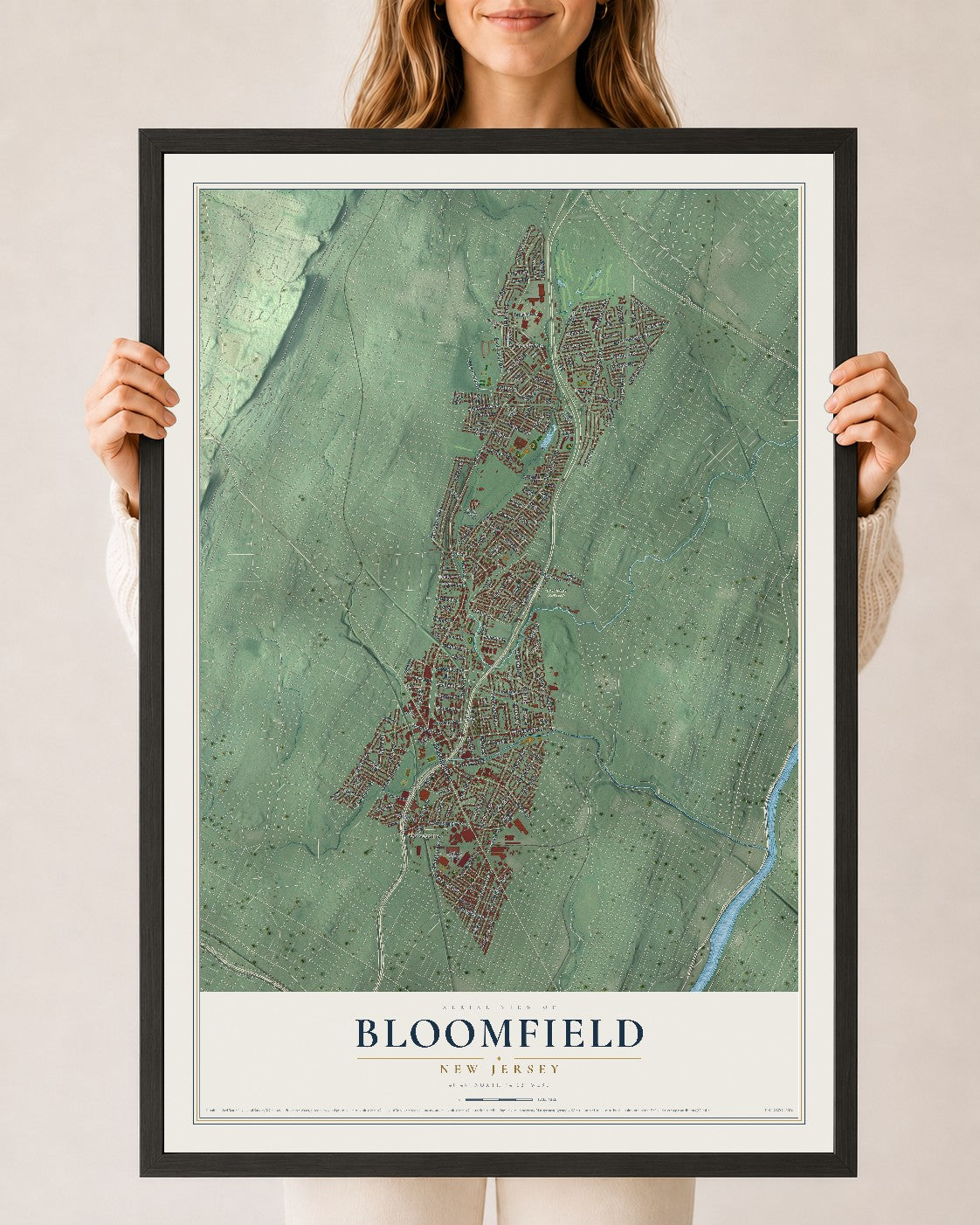 Bloomfield, New Jersey map print, 24" x 36" W/ Black Ayous Wood Frame mockup