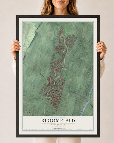 Bloomfield, New Jersey map print, 24" x 36" W/ Black Ayous Wood Frame mockup