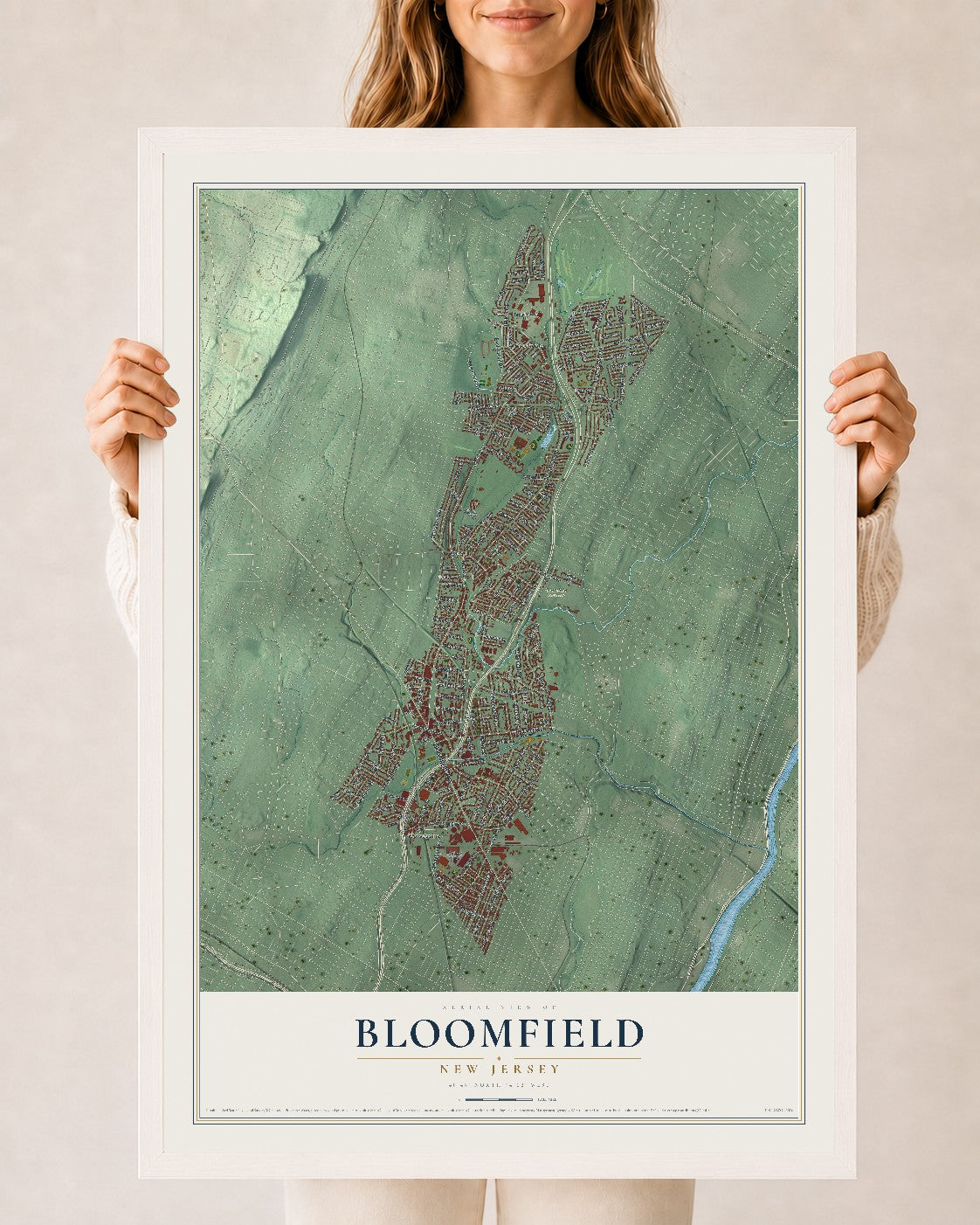 Bloomfield, New Jersey map print, 24" x 36" W/ White Ayous Wood Frame mockup