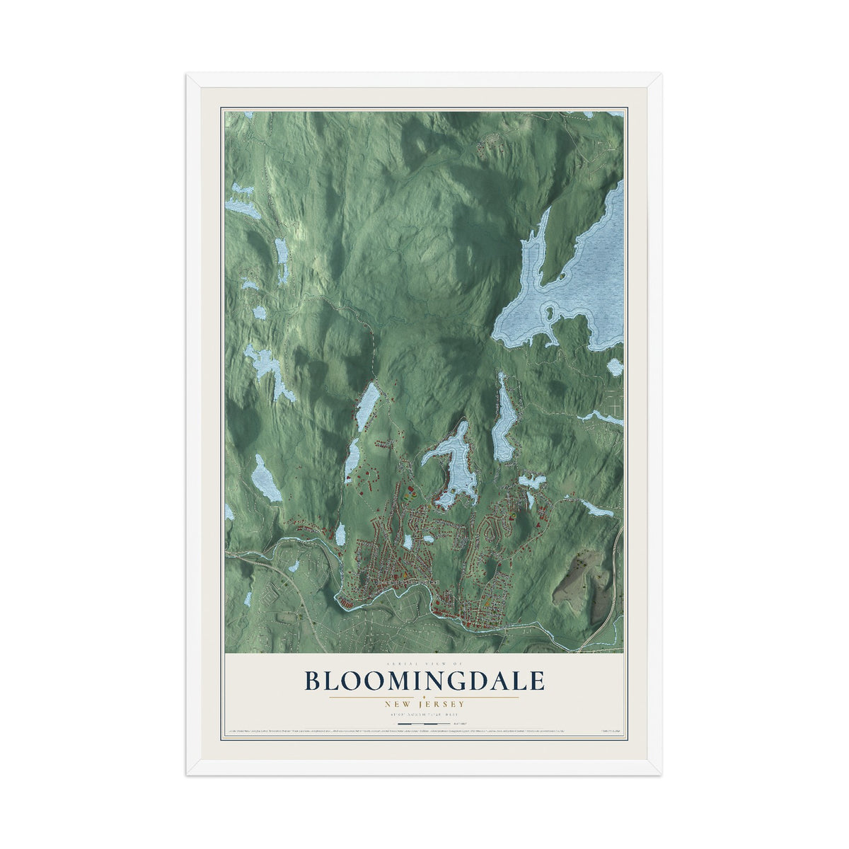 Bloomingdale, New Jersey map print, 12" x 18" W/ White Ayous Wood Frame mockup