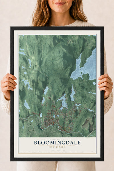 Bloomingdale, New Jersey map print, 18" x 24" W/ Black Ayous Wood Frame mockup