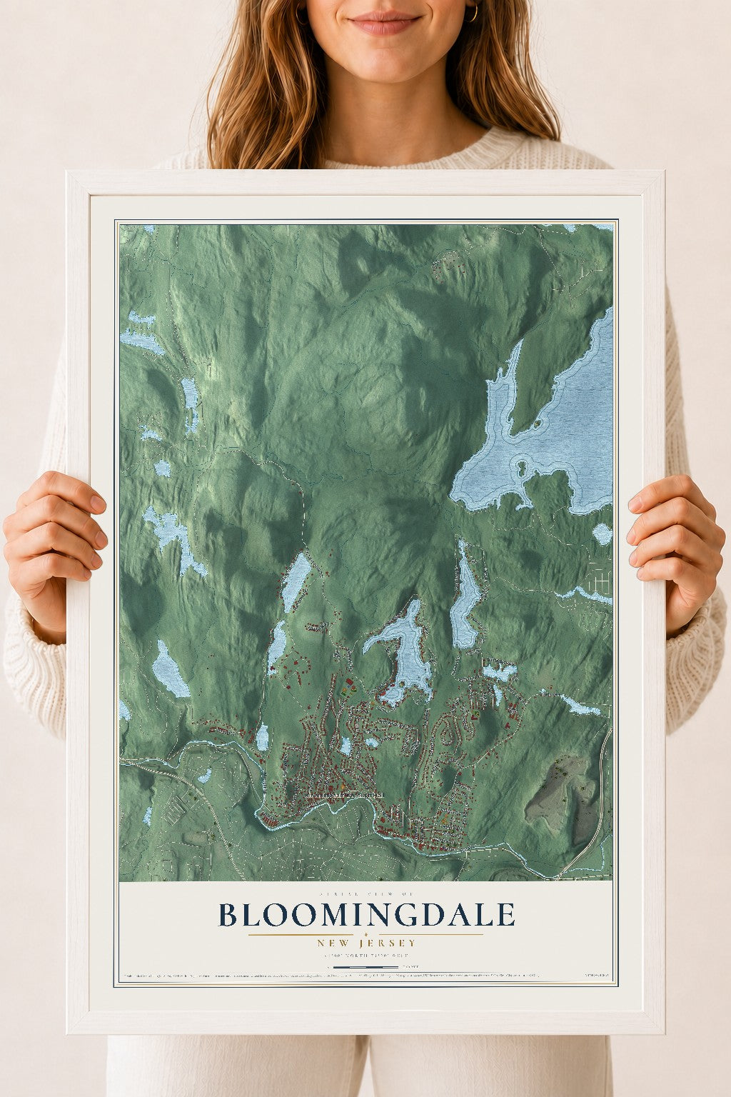 Bloomingdale, New Jersey map print, 18" x 24" W/ White Ayous Wood Frame mockup
