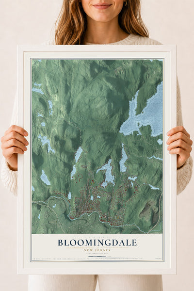 Bloomingdale, New Jersey map print, 18" x 24" W/ White Ayous Wood Frame mockup