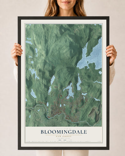 Bloomingdale, New Jersey map print, 24" x 36" W/ Black Ayous Wood Frame mockup