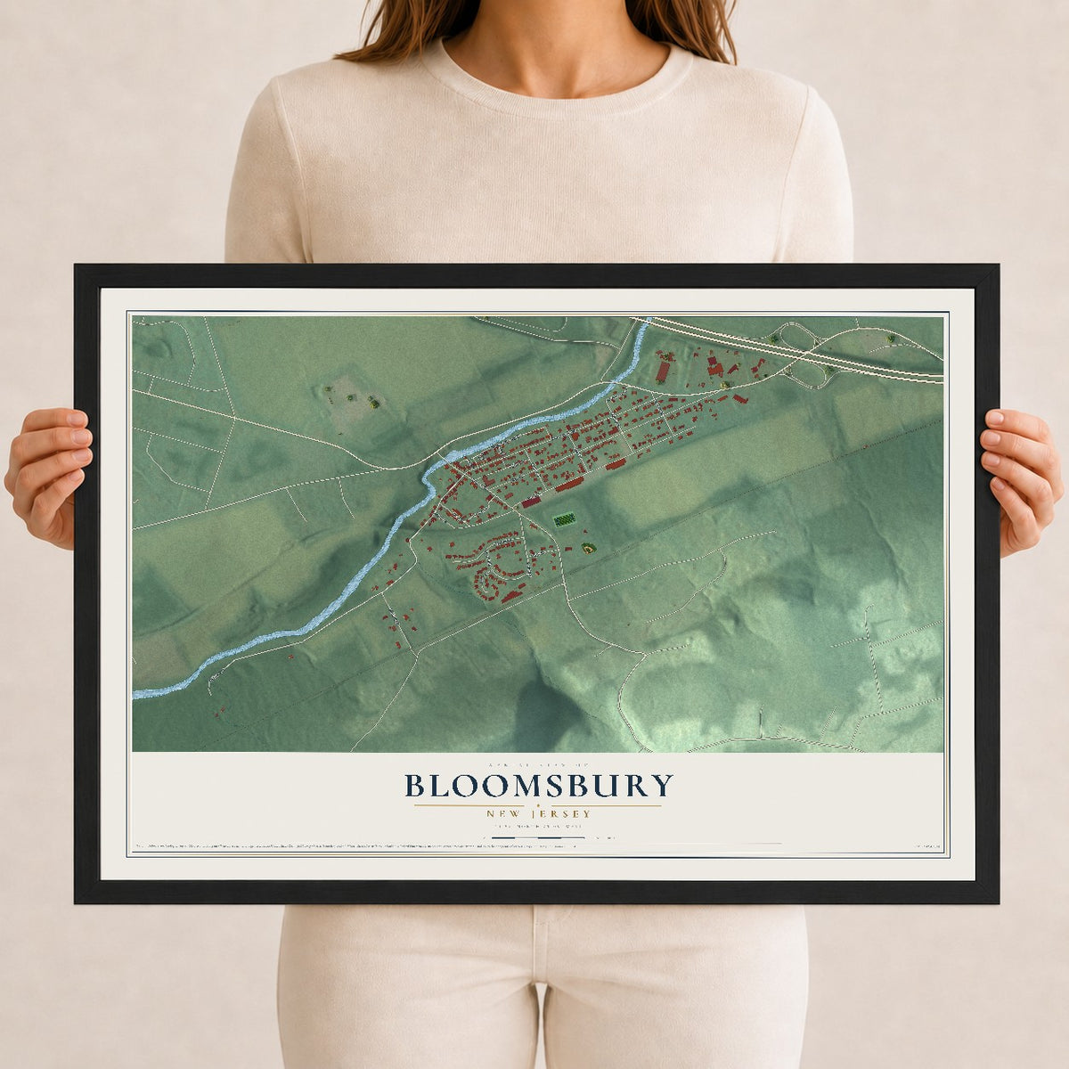 Bloomsbury, New Jersey map print, 12" x 18" W/ Black Ayous Wood Frame mockup
