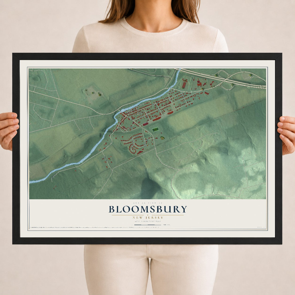 Bloomsbury, New Jersey map print, 18" x 24" W/ Black Ayous Wood Frame mockup