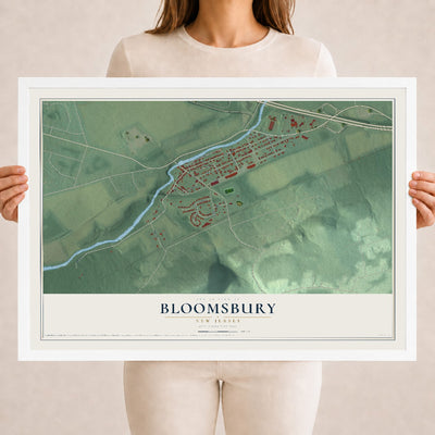 Bloomsbury, New Jersey map print, 18" x 24" W/ White Ayous Wood Frame mockup