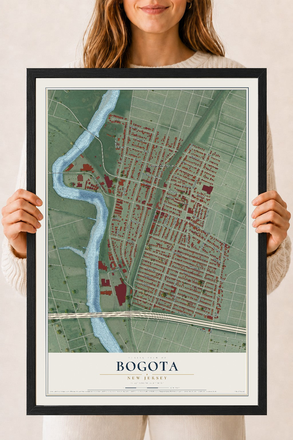 Bogota, New Jersey map print, 18" x 24" W/ Black Ayous Wood Frame mockup