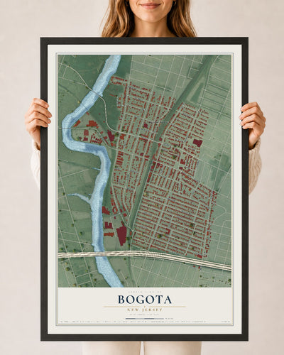 Bogota, New Jersey map print, 24" x 36" W/ Black Ayous Wood Frame mockup