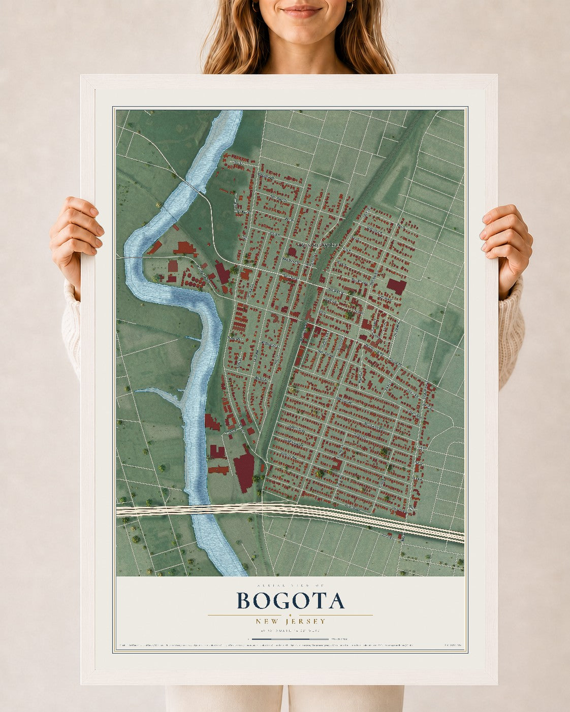 Bogota, New Jersey map print, 24" x 36" W/ White Ayous Wood Frame mockup