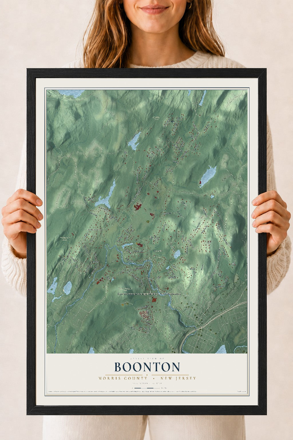 Boonton, New Jersey map print, 18" x 24" W/ Black Ayous Wood Frame mockup