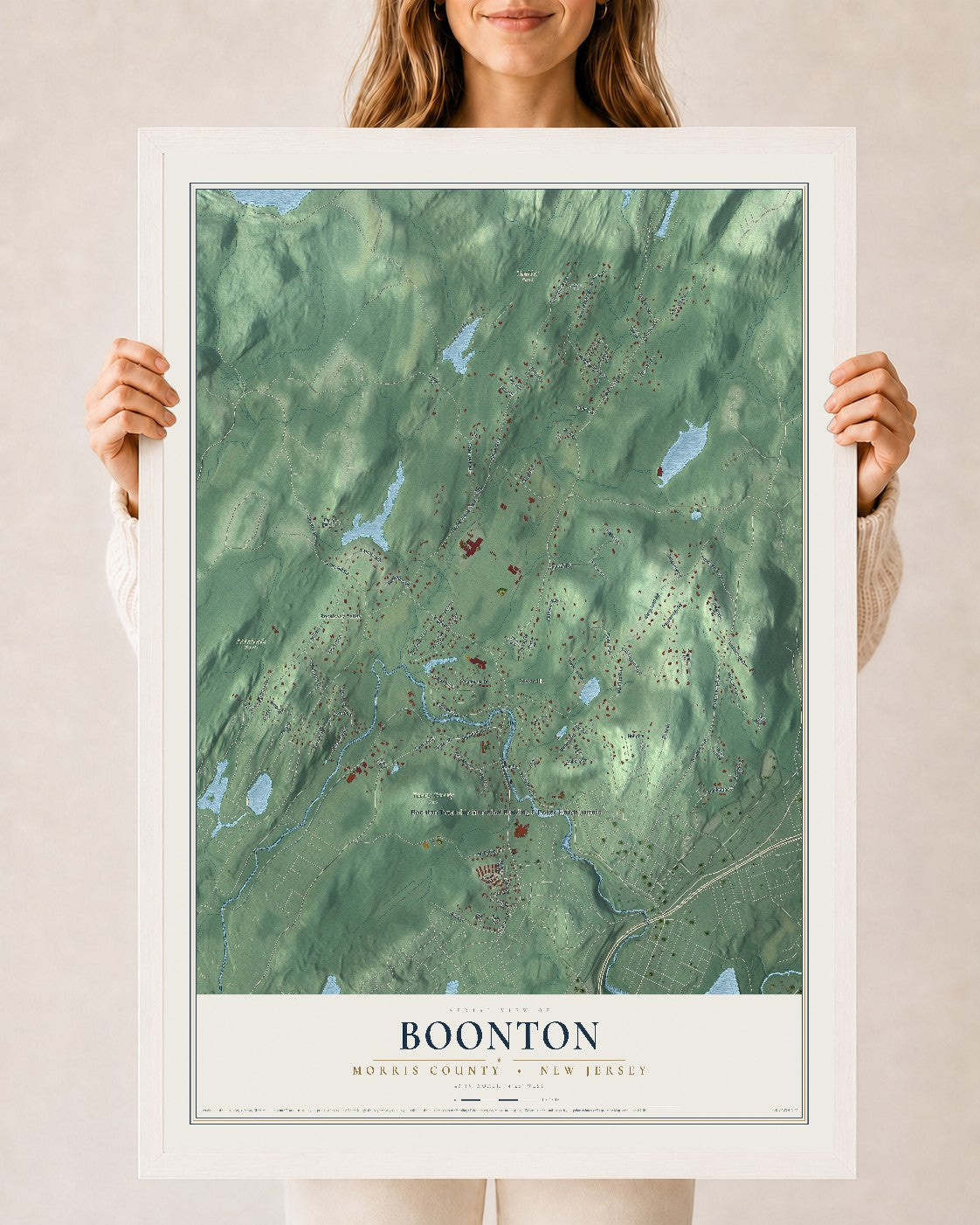 Boonton, New Jersey map print, 24" x 36" W/ White Ayous Wood Frame mockup