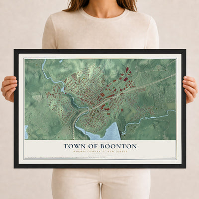 Town of Boonton, New Jersey map print, 12" x 18" W/ Black Ayous Wood Frame mockup