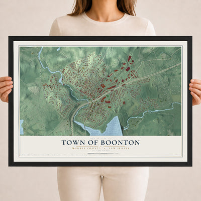 Town of Boonton, New Jersey map print, 18" x 24" W/ Black Ayous Wood Frame mockup