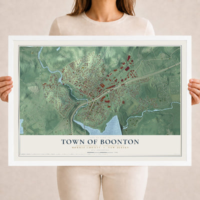 Town of Boonton, New Jersey map print, 18" x 24" W/ White Ayous Wood Frame mockup