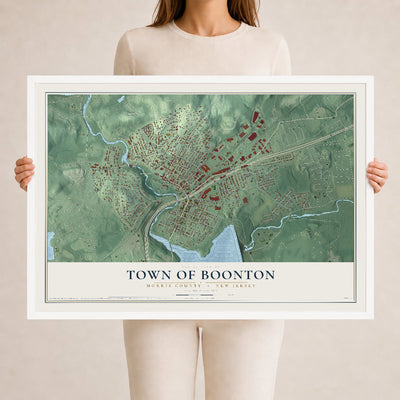 Town of Boonton, New Jersey map print, 24" x 36" W/ White Ayous Wood Frame mockup
