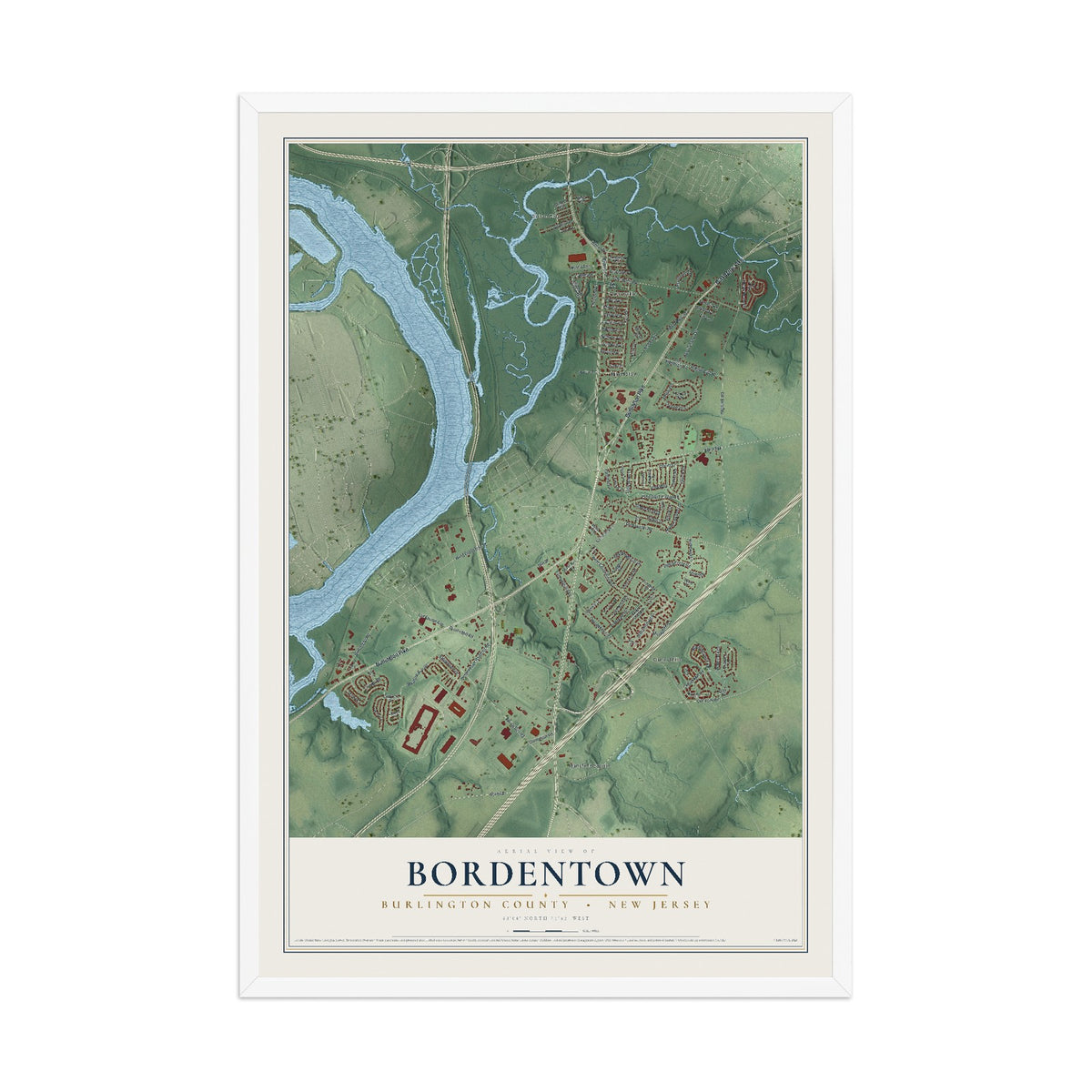 Bordentown, New Jersey map print, 12" x 18" W/ White Ayous Wood Frame mockup