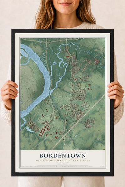 Bordentown, New Jersey map print, 18" x 24" W/ Black Ayous Wood Frame mockup