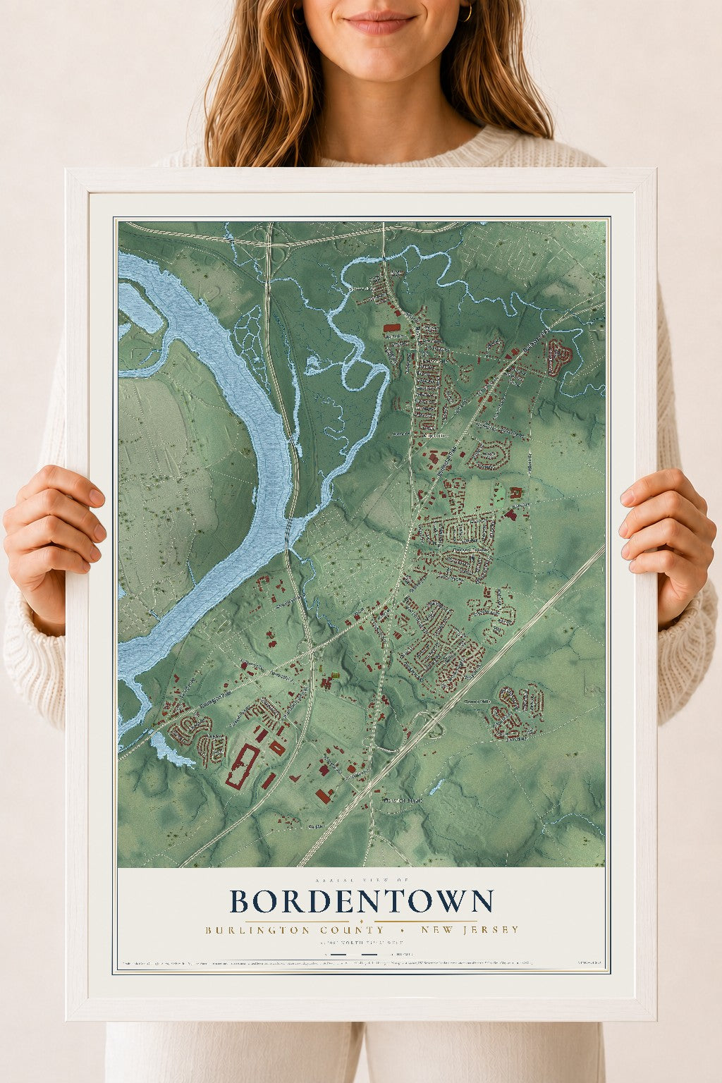 Bordentown, New Jersey map print, 18" x 24" W/ White Ayous Wood Frame mockup