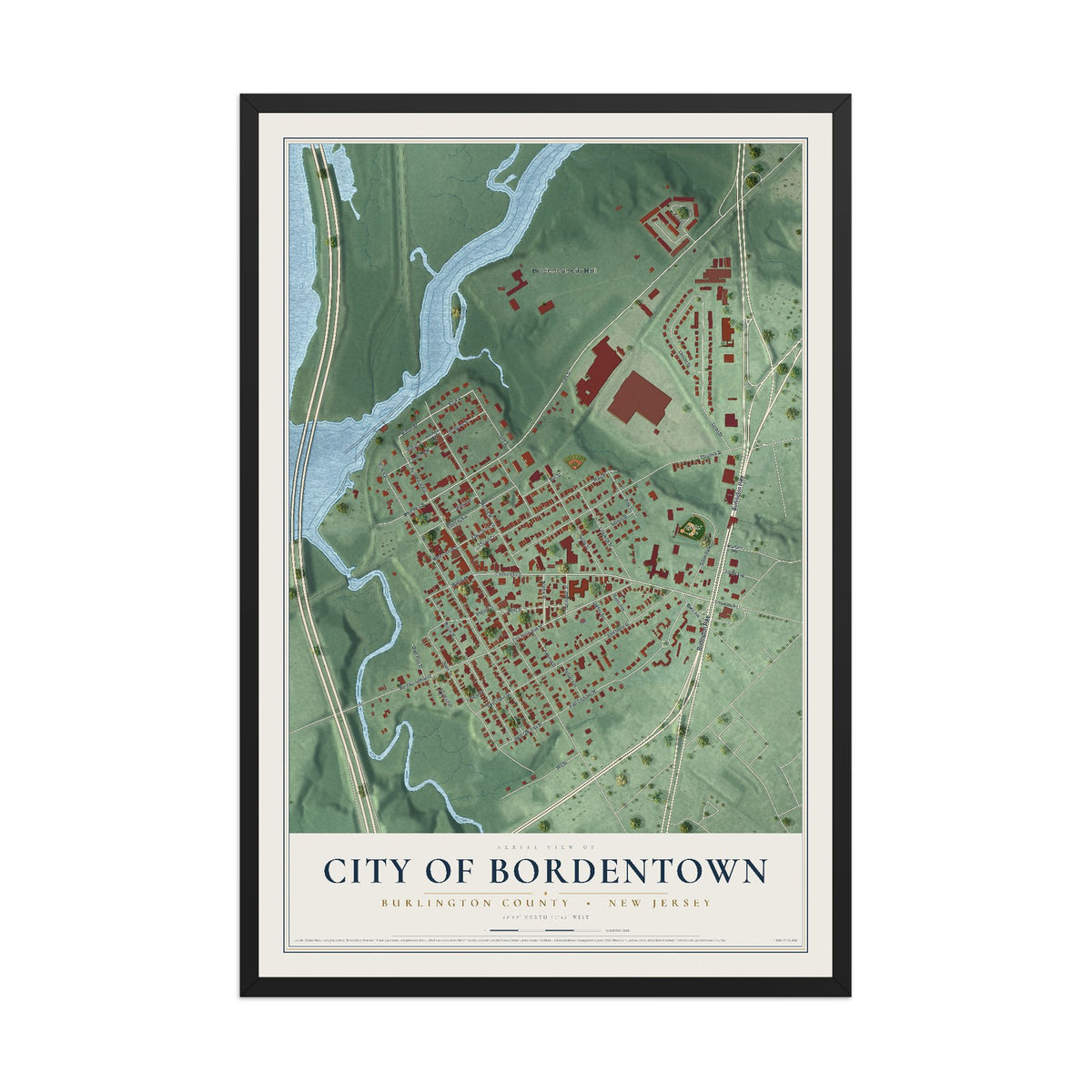 City of Bordentown, New Jersey map print, 12" x 18" W/ Black Ayous Wood Frame mockup