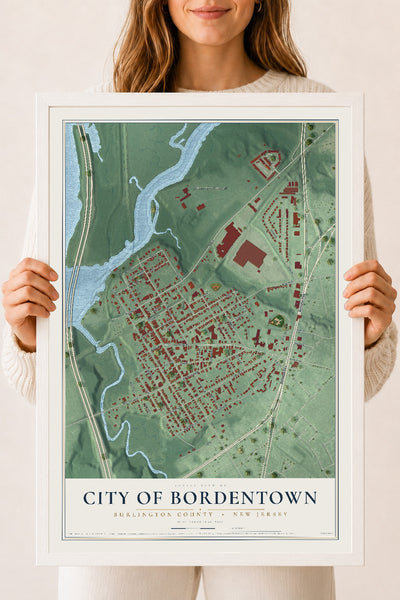 City of Bordentown, New Jersey map print, 18" x 24" W/ White Ayous Wood Frame mockup