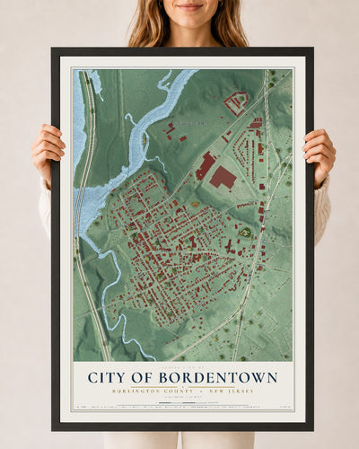 City of Bordentown, New Jersey map print, 24" x 36" W/ Black Ayous Wood Frame mockup