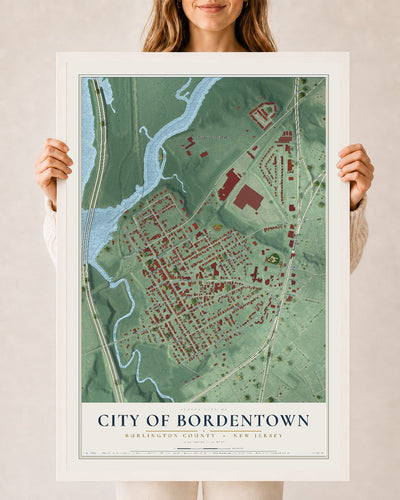 City of Bordentown, New Jersey map print, 24" x 36" W/ White Ayous Wood Frame mockup