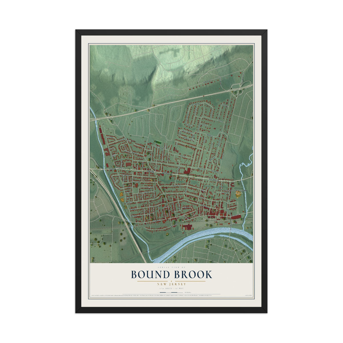 Bound Brook, New Jersey map print, 12" x 18" W/ Black Ayous Wood Frame mockup