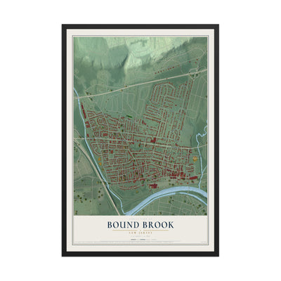 Bound Brook, New Jersey map print, 12" x 18" W/ Black Ayous Wood Frame mockup