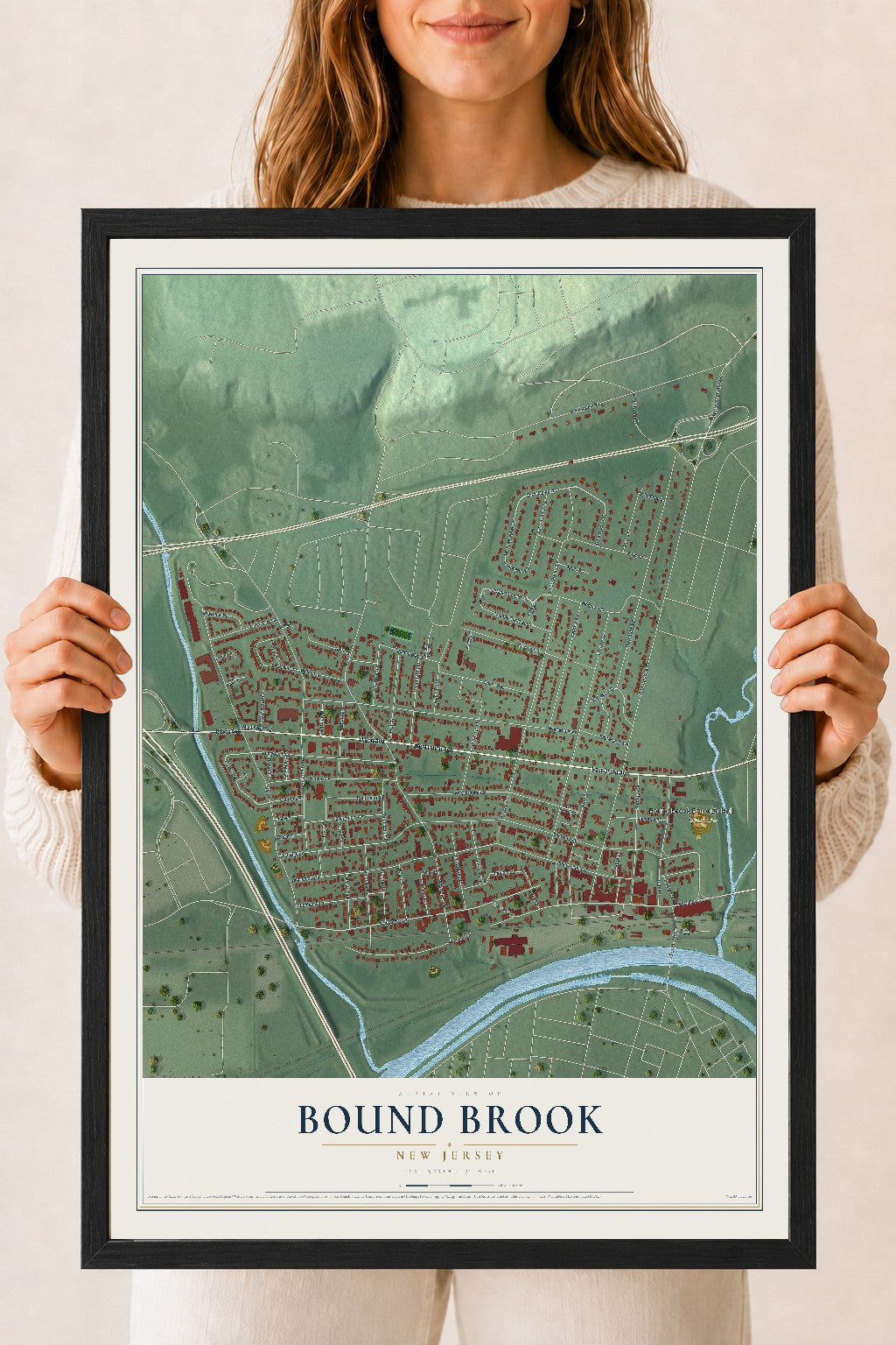 Bound Brook, New Jersey map print, 18" x 24" W/ Black Ayous Wood Frame mockup