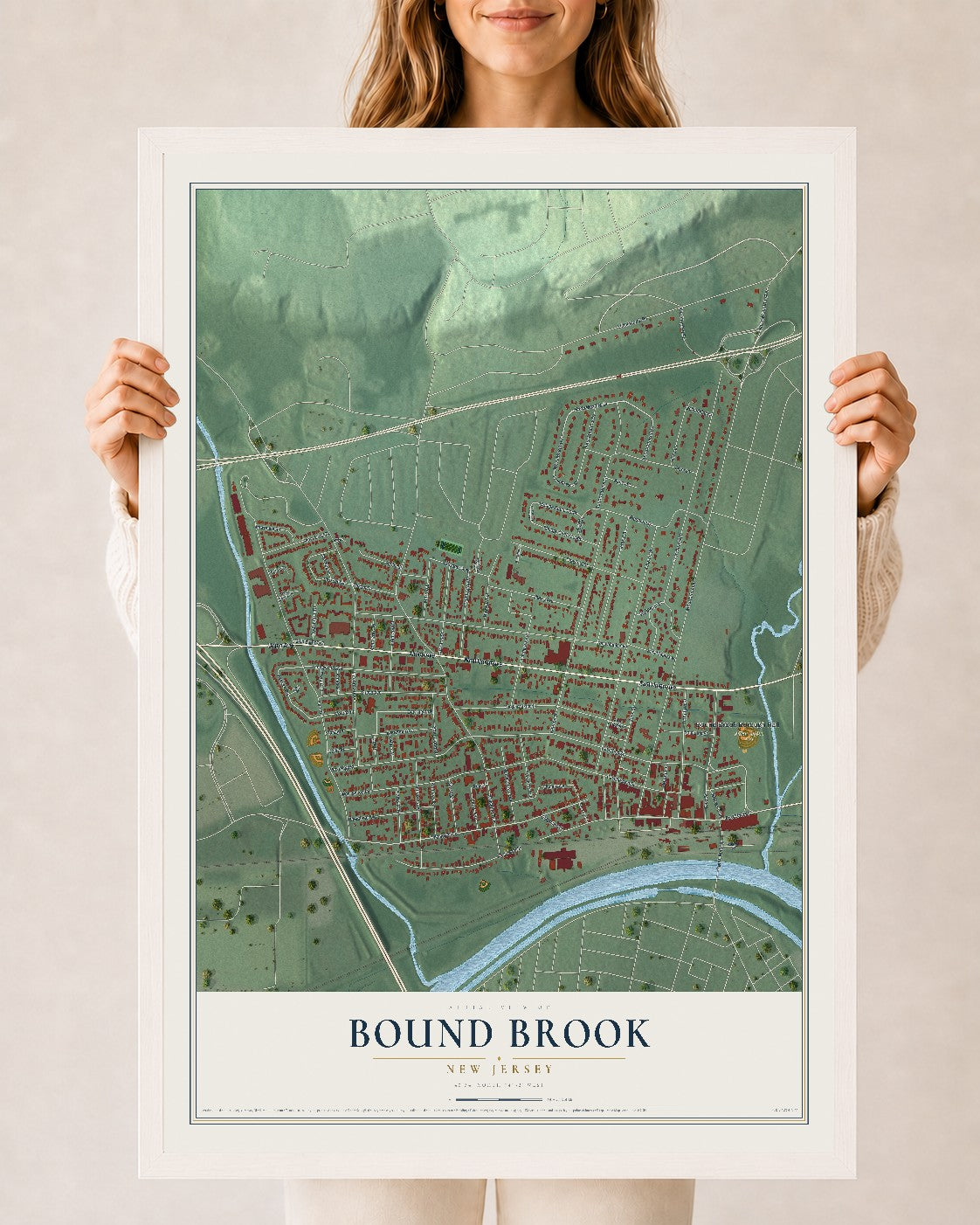 Bound Brook, New Jersey map print, 24" x 36" W/ White Ayous Wood Frame mockup
