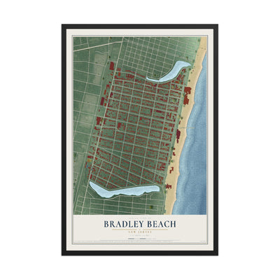 Bradley Beach, New Jersey map print, 12" x 18" W/ Black Ayous Wood Frame mockup
