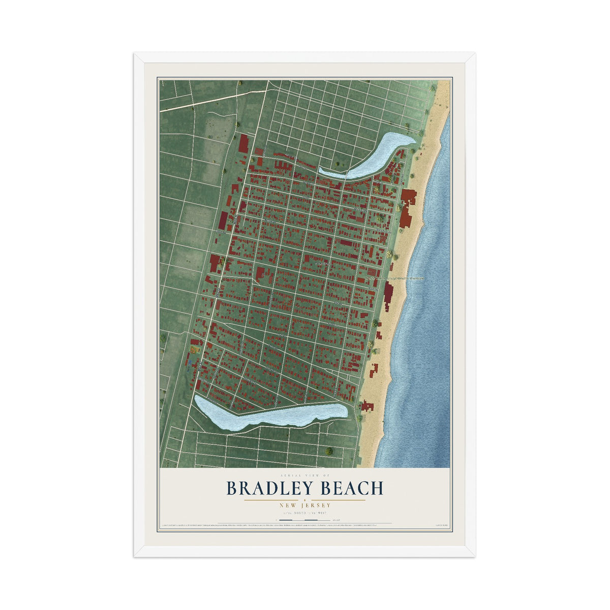 Bradley Beach, New Jersey map print, 12" x 18" W/ White Ayous Wood Frame mockup
