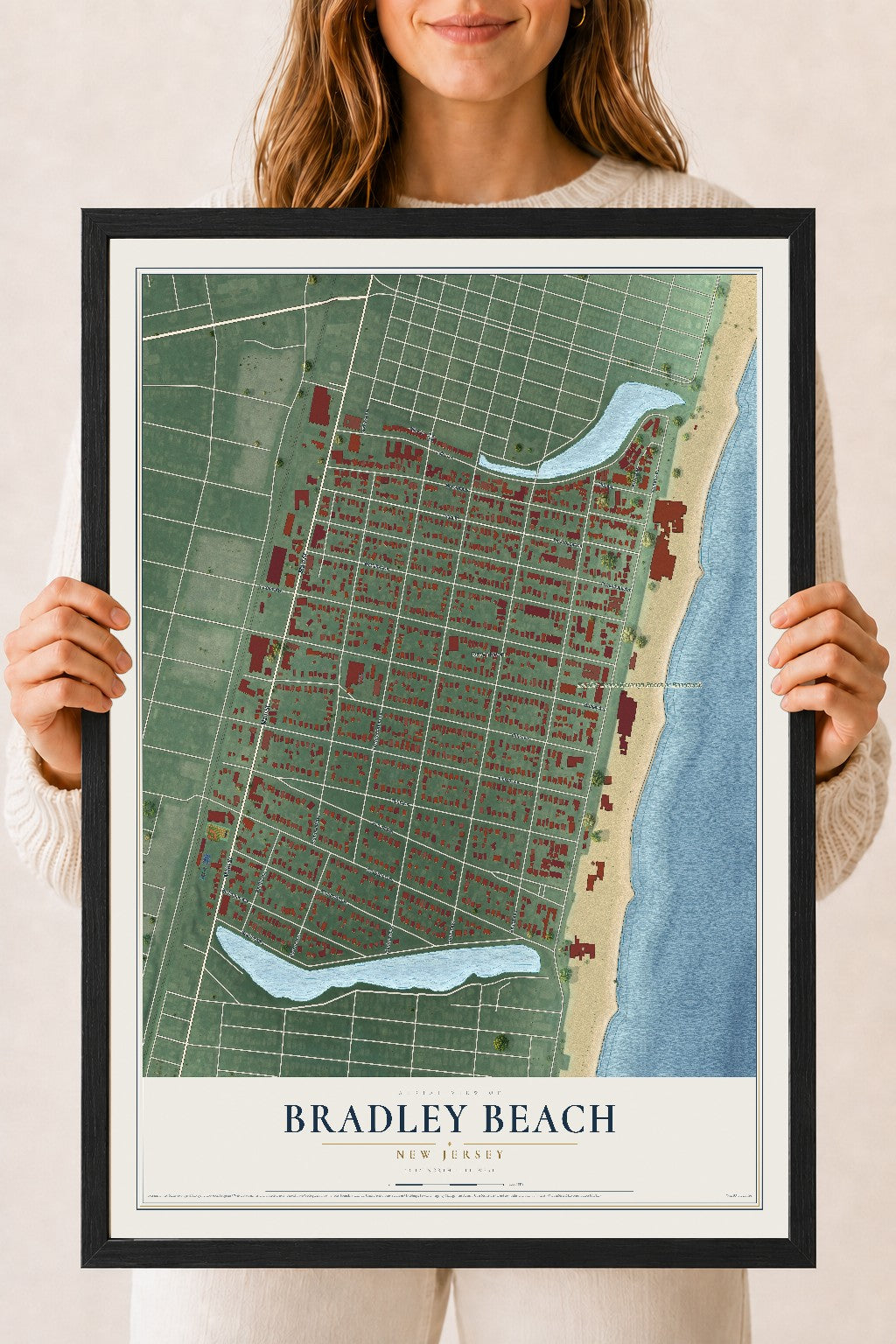Bradley Beach, New Jersey map print, 18" x 24" W/ Black Ayous Wood Frame mockup
