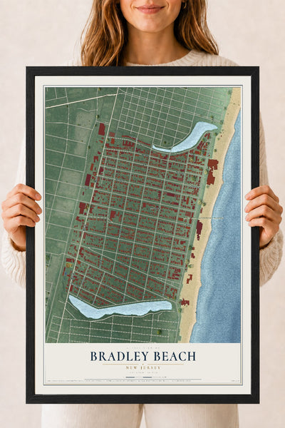 Bradley Beach, New Jersey map print, 18" x 24" W/ Black Ayous Wood Frame mockup