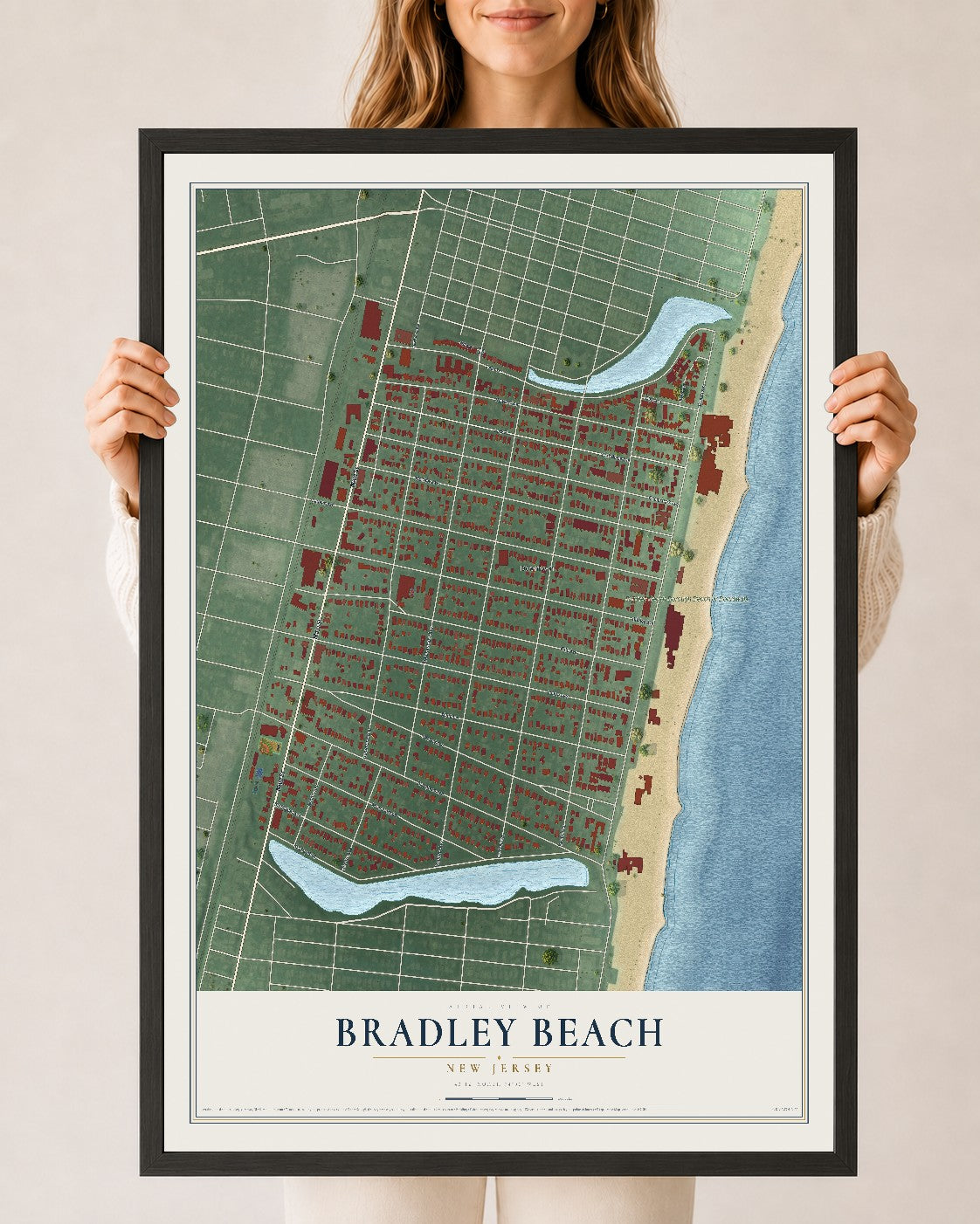 Bradley Beach, New Jersey map print, 24" x 36" W/ Black Ayous Wood Frame mockup