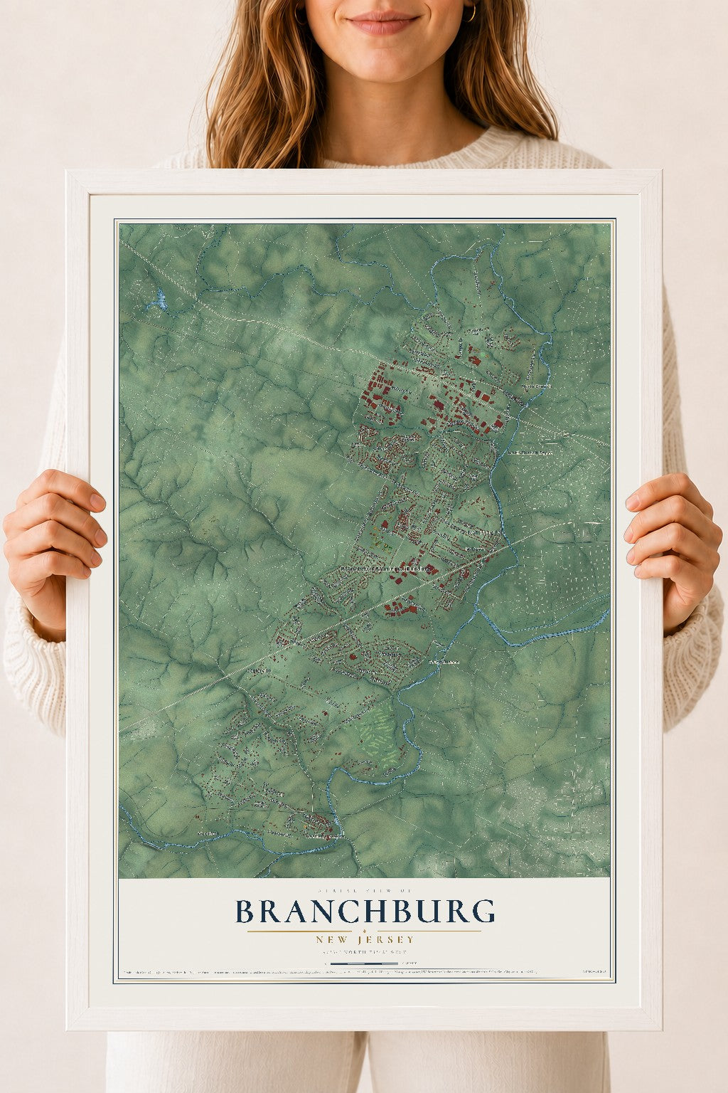 Branchburg, New Jersey map print, 18" x 24" W/ White Ayous Wood Frame mockup
