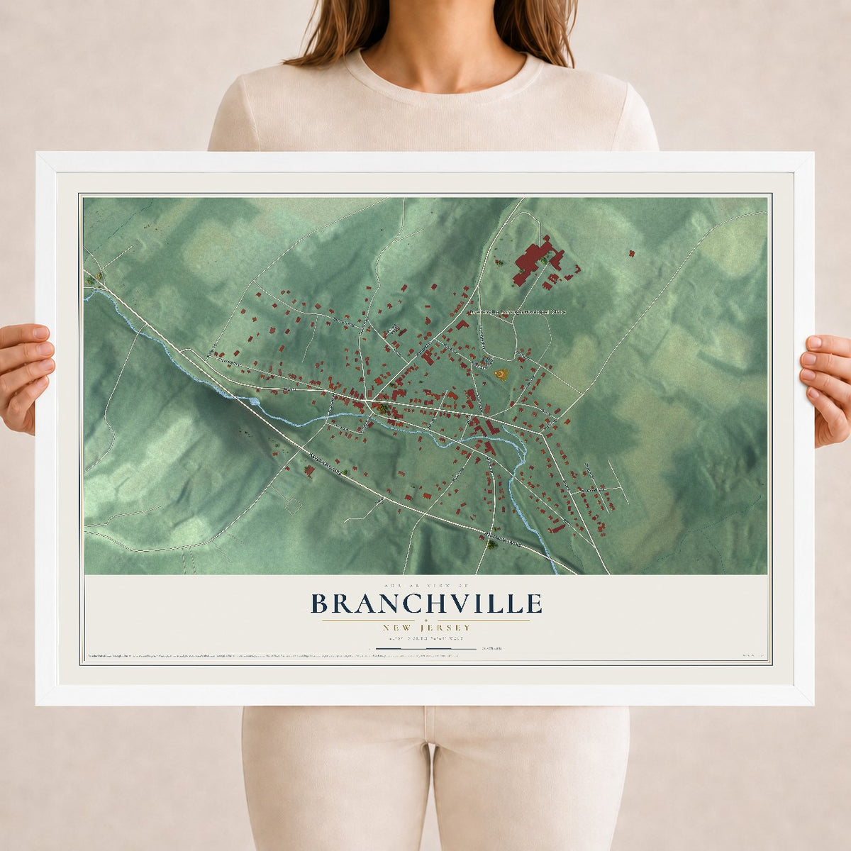 Branchville, New Jersey map print, 18" x 24" W/ White Ayous Wood Frame mockup