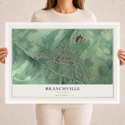 Branchville, New Jersey map print, 18" x 24" W/ White Ayous Wood Frame mockup