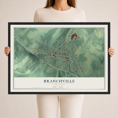 Branchville, New Jersey map print, 24" x 36" W/ Black Ayous Wood Frame mockup