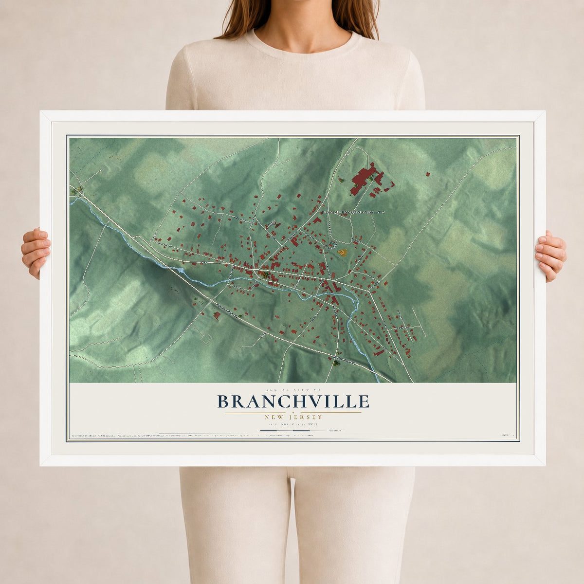 Branchville, New Jersey map print, 24" x 36" W/ White Ayous Wood Frame mockup