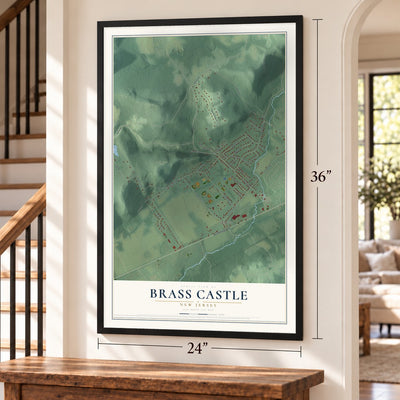 Brass Castle, New Jersey map, 24 x 36 inch print in a black frame by a staircase