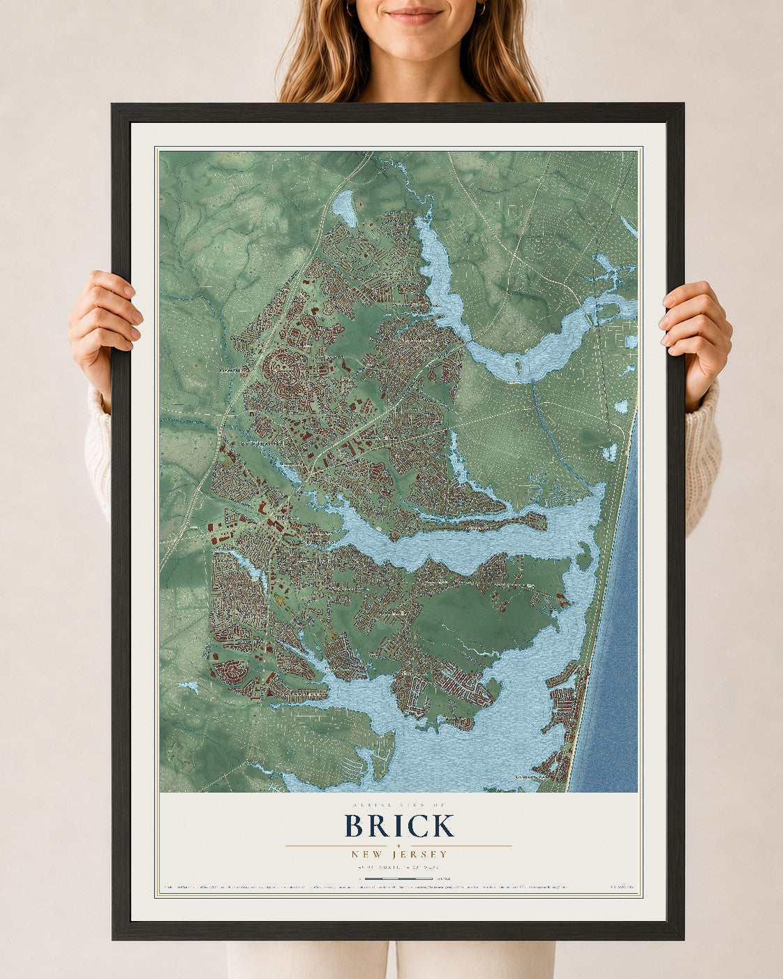 Brick, New Jersey map print, 24" x 36" W/ Black Ayous Wood Frame mockup