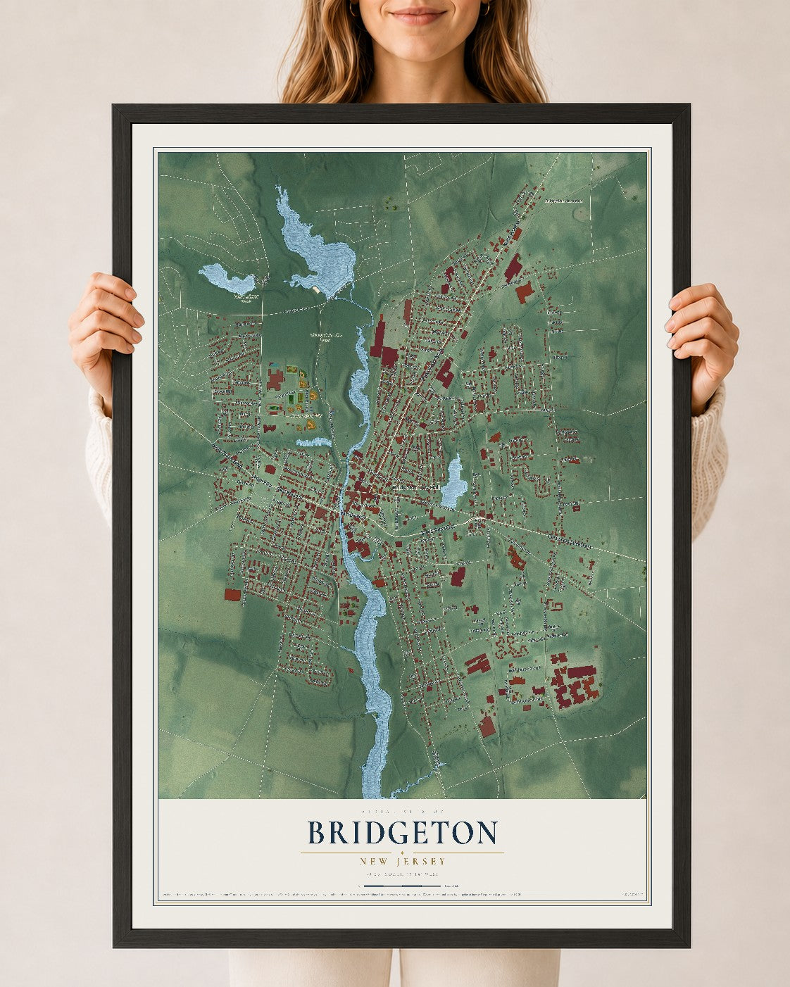Bridgeton, New Jersey map print, 24" x 36" W/ Black Ayous Wood Frame mockup