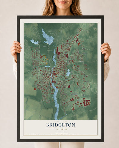 Bridgeton, New Jersey map print, 24" x 36" W/ Black Ayous Wood Frame mockup