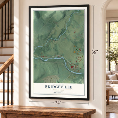 Bridgeville, New Jersey map, 24 x 36 inch print in a black frame by a staircase
