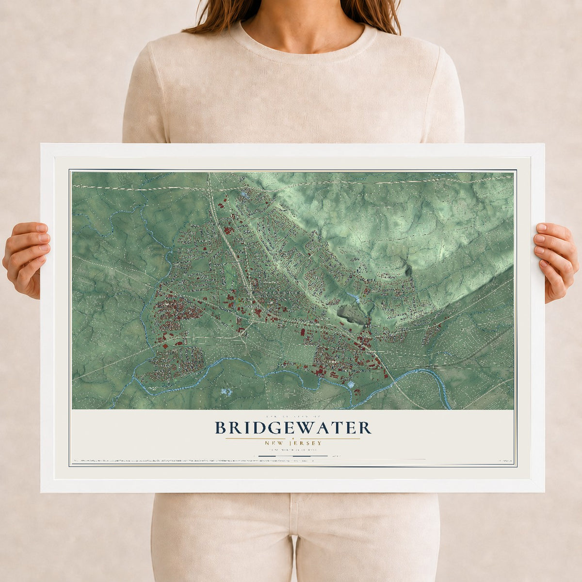 Bridgewater, New Jersey map print, 12" x 18" W/ White Ayous Wood Frame mockup